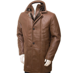 Men's <b>Long</b> Brown Genuine <b>Leather</b> <b>Jacket</b> With Faux Fur Lining Turn-down Collar Single Breasted Windproof Winter Coat - Product Image 1