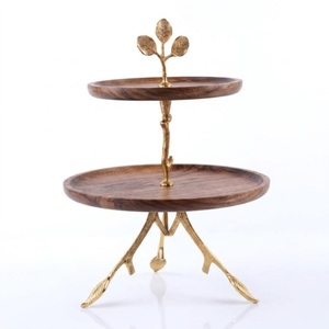 Luxury 2-<b>Tier</b> Wooden <b>Cake</b> Stand With Gold Leaf Handle And Branch Base Modern Acacia Wood Dessert Display For Hotel Party Decor - Product Image 1