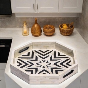 Luxury <b>Round</b> Wooden Decorative Tray with Black and <b>White</b> Floral Inlay Design Perfect for Jewelry Storage <b>Dining</b> and Home Decor - Product Image 1