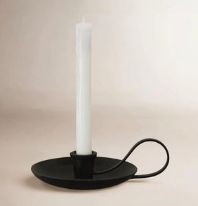 Vintage Black Metal <b>Taper</b> <b>Candle</b> <b>Holder</b> with Loop Handle and Wide Drip Tray Base for Rustic Farmhouse Tabletop Home Decor - Product Image 3