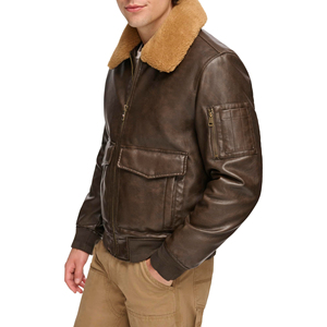 Blouson aviateur en cuir véritable marron pour homme, chaud pour l'hiver, avec col en fourrure sherpa et fermeture éclair - Product Image 2