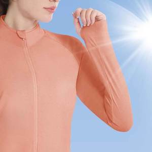 Blusa de punto coral para mujer, manga larga, con cremallera, de secado rápido, color liso, largo regular, cuello alto, para primavera - Product Image 3