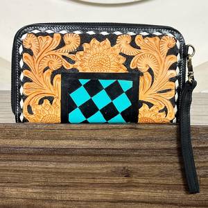 2026 Custom Hand Tooled Genuine Leather Clutch Wallet Western Floral Design Checkered Pattern Wristlet Zipper <b>Purse</b> for Women - Product Image 4