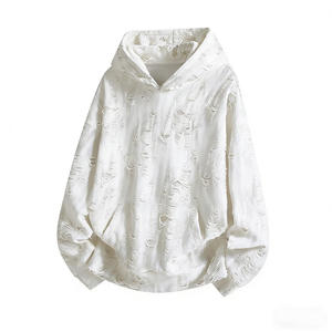 Sudadera con Capucha Oversize para Hombre, Estilo Murciélago, Lavado Desgastado, Diseño con Recortes, Largo Regular, Poliéster, Estilo Otoñal - Product Image 3