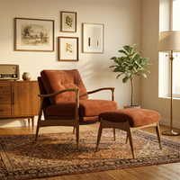 Fauteuil en velours éco-responsable de style mid-century modern avec repose-pieds, structure en bois, meubles rembourrés pour salon