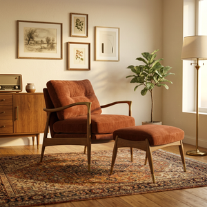 Fauteuil en velours éco-responsable de style mid-century modern avec repose-pieds, structure en bois, meubles rembourrés pour salon - Product Image 6