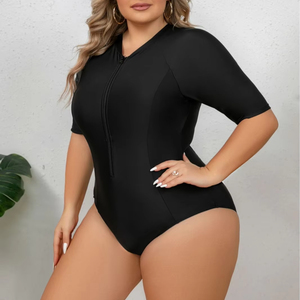 Maillot de bain sport une pièce sexy grande taille couleur unie avec fermeture éclair pour femme, combinaison de surf moulante à manches courtes, tenue de plage OEM - Product Image 1
