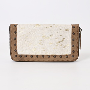 White Hair-On Cowhide Leather Clutch Wallet with Beaded Embroidery & Rhinestone Detail <b>Card</b> <b>Holder</b> - Product Image 1