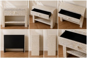 Table console artisanale écologique en nacre grise à motif de feuilles, avec un seul tiroir, design moderne, multifonctionnelle, décoration d'intérieur - Product Image 4