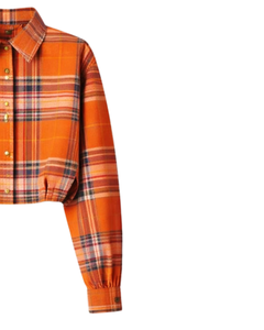 Camisa Corta a Cuadros Naranja Personalizada para Mujer, Cuello Camisero, Manga Larga, Botones, Blusa Casual de Moda, Proveedor OEM - Product Image 3