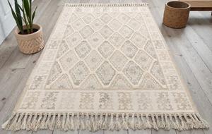 Alfombra de Yute y Lana Hecha a Mano con Patrón Abstracto, Ecológica, de Pelo Corto, Color Beige Natural, con Borlas - Product Image 6