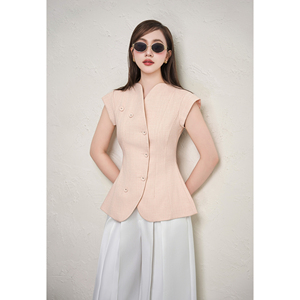Chaleco Elegante Beige Asimétrico para Mujer, Estilo Vietnamita, con Mangas Cortas, para Oficina, Traje Casual de Negocios Moderno, con Botones, YONA - Product Image 1