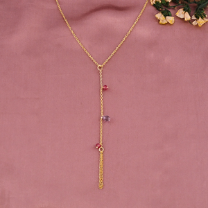 Natural <b>Amethyst</b> & Pink Tourmaline Beaded Link Chain <b>Bracelet</b> | Gold Plated Brass - Product Image 2