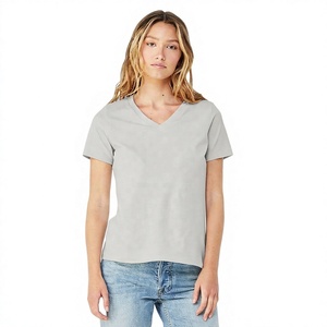 Camisetas de Verano al por Mayor 100% Algodón, Cuello en V, Lisas, para Mujer, Corte Ajustado, Estilo Urbano, con Decoración de Logotipo Personalizado - Product Image 1