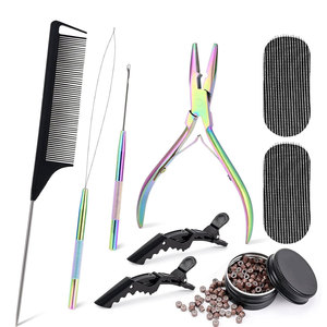 Kit completo de herramientas para extensiones de cabello, alicates de acero inoxidable, aguja de gancho, anillos, hilo para uso en instalación de cabello en salón - Product Image 1
