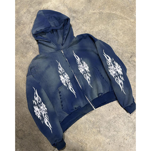 Nuevo diseño de algodón francés Terry parche desgastado bordado sudaderas con capucha y sudadera para hombre chándales de lavado ácido Vintage personalizados - Product Image 6