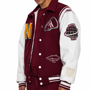 Veste universitaire coupe-vent hiver marron et blanc, broderie N, style preppy, col rabattu, unisexe, en polyester et coton - Product Image 1