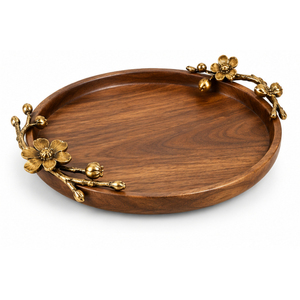 Bandeja Redonda de Madera de Mango con Asas Metálicas Florales Doradas de Lujo, Bandeja Decorativa Hecha a Mano para Mesa de Hotel, Venta al por Mayor - Product Image 1