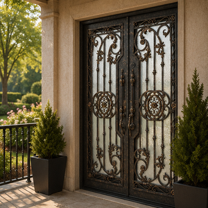 Elegante Puerta Doble de Entrada de Hierro Forjado Ornamental con Vidrio Esmerilado, Diseño de Puerta de Entrada Principal de Seguridad para Villa de Lujo - Product Image 2