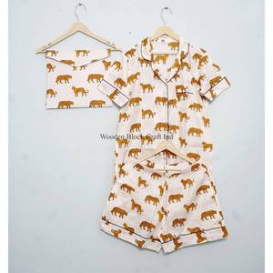 Trending Elegant <b>Modest</b> Indian Handmade 100% Cotton Pajama <b>Set</b> Breathable Digital Printed Jungle Vintage Short Night Wear Women - Product Image 5