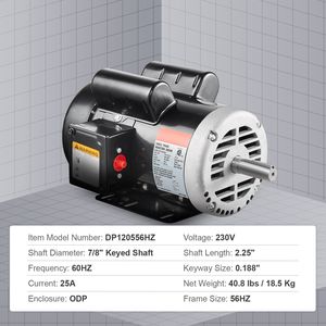 Compressore d'aria elettrico monofase 5HP 230V 25 Ampere 56HZ con telaio 3450RPM, albero con chiavetta da 7/8'' e lunghezza 2.25'', AC 4KW CCW/CW - Product Image 3