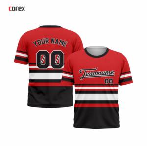 T-shirt à manches courtes rayé rouge et noir Corex avec impression du nom de l'équipe, col rond, coupe régulière, style sportif - Product Image 3