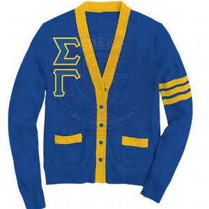 Sigma Gamma Sorority <b>Cardigan</b> Women's Sweater Blue Yellow Lettering Full Sleeve Greek letter logo Acrylic Knitted V Neck - Product Image 1