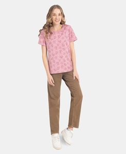 Camiseta de manga corta de corte relajado con estampado de tela de algodón súper peinado para mujer - Product Image 5