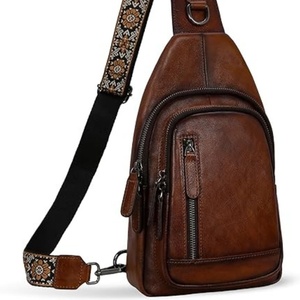 Classic Brown Leather <b>Sling</b> Chest Bag for Women Vintage Style Crossbody Bag with Multi Pockets Reversible Carry Strap - Product Image 6