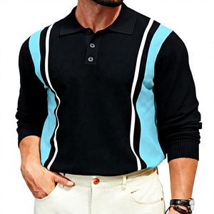 Men's Long Sleeve <b>Black</b> Gray Color Block <b>Polo</b> Shirt Casual Breathable Turn Down Collar 100% Cotton <b>Top</b> - Product Image 5