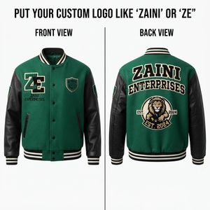 เสื้อแจ็คเก็ตวาร์ซิตี้ ZAINI พรีเมียม ผสมขนสัตว์ กันลม ดีไซน์ทันสมัย 500 GSM สีเขียว ตัวเสื้อสีเขียว แขนเสื้อหนัง PU สีดำ ปักโลโก้เชนีลตามสั่ง - Product Image 1