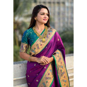 Sari de Seda Tiny Nath Meenakari Yeola Paithani, Color Vino, Tejido con Zari, Elegante, para Fiestas, para Todas las Temporadas - Product Image 2