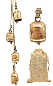 Antique Brass Wind Chime Set with 5 <b>Bells</b> Rustic Home Decor with Jute Pouch for Natural Sound - Product Image 2