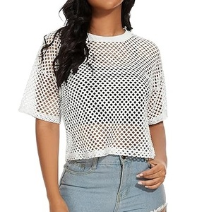 เสื้อยืดตาข่ายซีทรูสีขาว บริการ OEM สำหรับขาย ผลิตตามสั่ง ทรงหลวม ไซส์ใหญ่ คอกลม เสื้อยืดผู้หญิงเนื้อผ้าบาง - Product Image 6