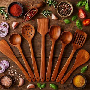 Ensemble d'ustensiles de cuisine en bois : cuillère, spatule, outils de mélange et de service pour la cuisine domestique - Product Image 2