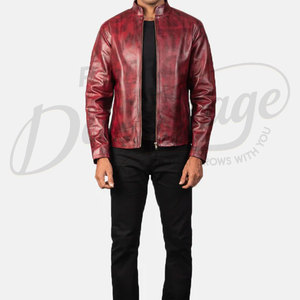 Chaqueta de cuero genuino rojo granate premium para hombre, estilo motero, corte ajustado, cuello alto, vintage, desgastada, para motocicleta y uso urbano - Product Image 4