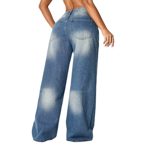 Jean en denim de coton délavé taille haute pour femme, coupe ample, jambe large, longueur intégrale, respirant, hiver, 340g, tendance mode - Product Image 2