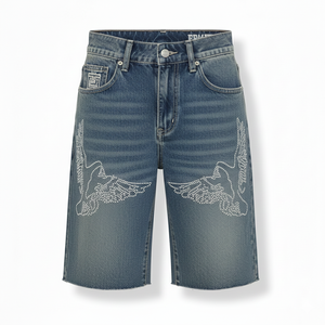 DISCOVER-IMPEX 2026 Short en jean vintage bleu clair uni pour homme, orné de strass, délavé, décontracté, été, 100 % coton - Product Image 1
