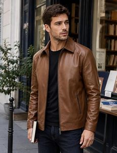 Men's <b>Slim</b> <b>Fit</b> PU Leather Moto <b>Jacket</b> Turn-down Collar Zipper Closure Solid Brown Regular Length Autumn Wear - Product Image 2
