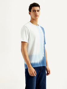 Camiseta de algodón de manga corta con cuello redondo y estampado tie-dye azul y blanco para hombre, estilo casual, corte regular, talla grande - Product Image 3