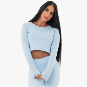 Custom Women <b>Light</b> <b>Blue</b> Cropped <b>Long</b> <b>Sleeve</b> Pullover Crew Neck Knitted Polyester/Cotton <b>Top</b> Breathable Spring Casual Wear - Product Image 3