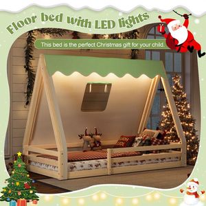 Letto a terra Montessori in legno massello per bambini, con tenda, luci e sponde di sicurezza a tutta lunghezza, design a casetta e tenda da campeggio - Product Image 4