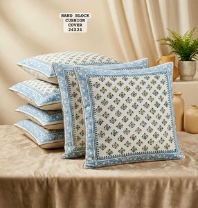 Hand Block Printed Square Cushion Cover Floral Cotton 24x24 Inch Washable Decorative <b>Throw</b> Cover for Home & Hotel Use - Product Image 5