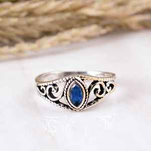 Handmade <b>925</b> Sterling <b>Silver</b> Blue Sapphire Bezel Setting <b>Ring</b> <b>with</b> Oxidized Vintage Leaf Design Band for Party Occasions - Product Image 1