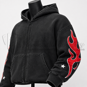 Custom Men's Black Full <b>Zip</b> <b>Hoodie</b> Flame Design <b>Y2K</b> Streetwear Fleece Sweatshirt OEM Clothing Factory - Product Image 6
