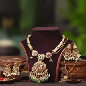 Premium Gold Plated Bridal Necklace and Earring <b>Set</b> with Imitation <b>Pearl</b> and Pota Stone - Product Image 3