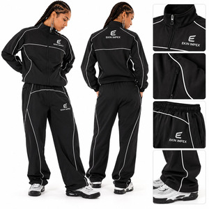 Custom Logo <b>Women</b> Tracksuit 2 Piece Set Baggy Wide Leg Track Pants Contrast Piping Zip Up <b>Jacket</b> Streetwear Jogging Suit - Product Image 4