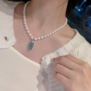 Collier en argent S925 avec perle d'eau douce presque ronde de 7-8 mm, avec pendentif en jade pour femme, cadeau de fête des mères, pendentifs et breloques - Product Image 4