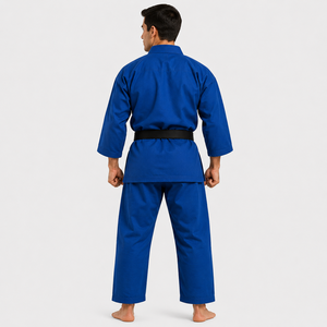 Kimono de karaté bleu personnalisé pour homme adulte, 100% coton, uniforme d'entraînement durable avec ceinture noire et logo frontal - Product Image 4