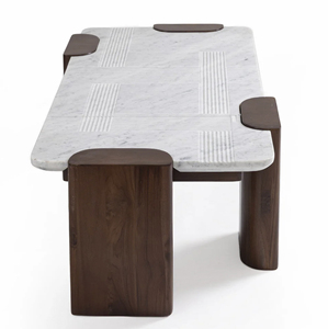 New Modern Minimalist Intricate Design Marble Top In Lining Pattern With Solid Acacia Wood <b>Folding</b> Leg Living Room Coffee <b>Table</b> - Product Image 5